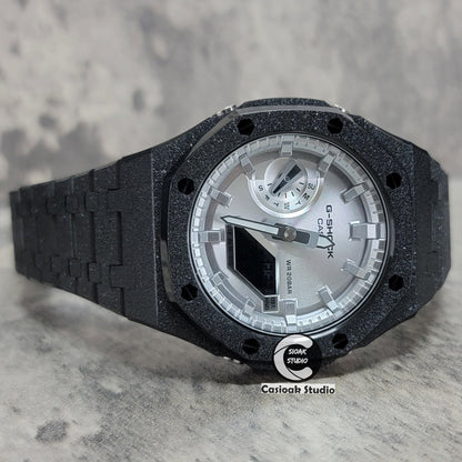 Casioak Mod Watch Frosted Black Case Metal Strap Silver Time Mark Silver Dial 44mm- Casioak Mod Casio G-Shock Royal Oak Custom Mens Luxury Watches Ga2100