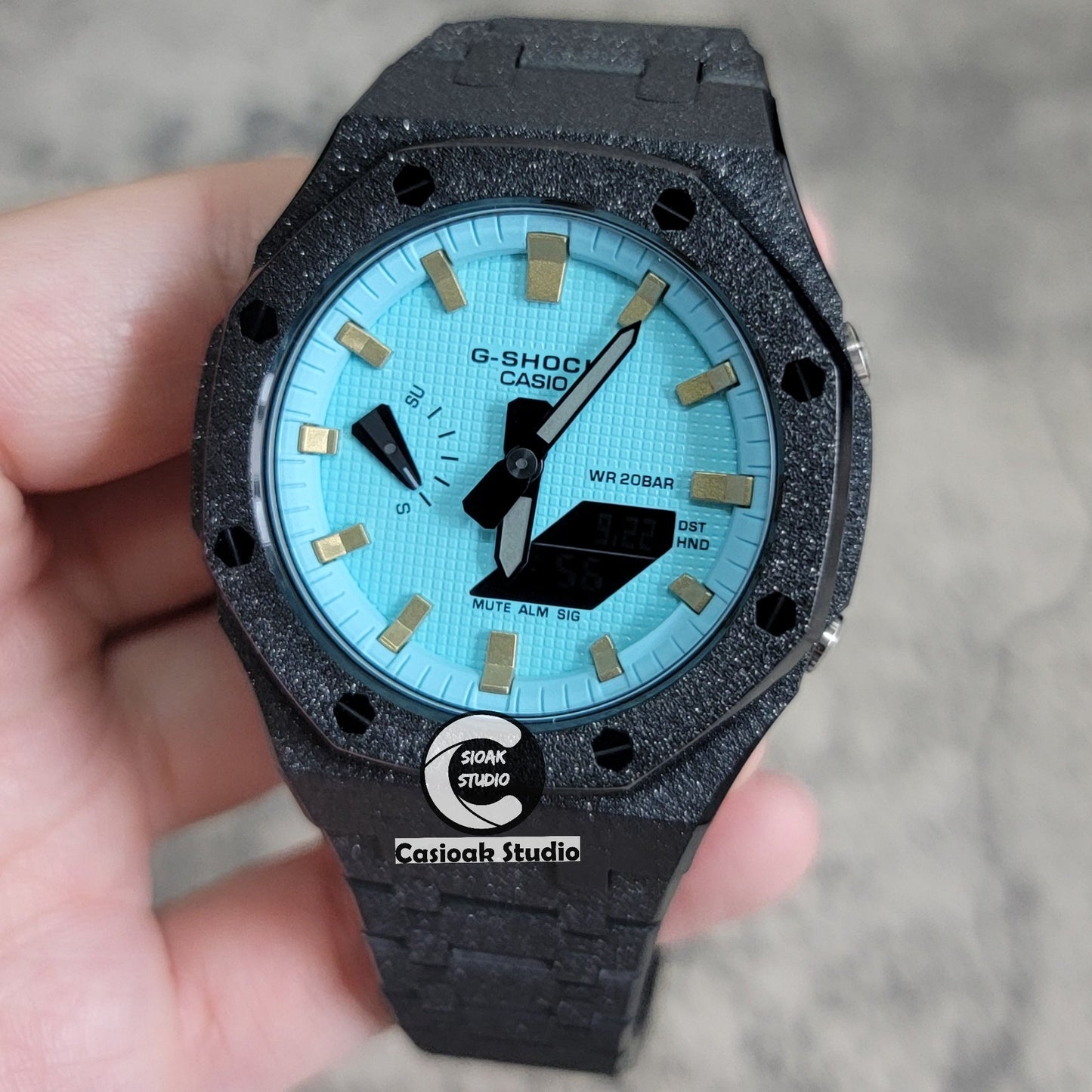 Casioak Mod Watch Frosted Black Case Metal Strap Tiff Gold Time Mark Tiff Blue Dial 44mm- Casioak Mod Casio G-Shock Royal Oak Custom Mens Luxury Watches Ga2100