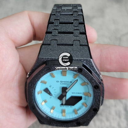 Casioak Mod Watch Frosted Black Case Metal Strap Tiff Gold Time Mark Tiff Blue Dial 44mm- Casioak Mod Casio G-Shock Royal Oak Custom Mens Luxury Watches Ga2100