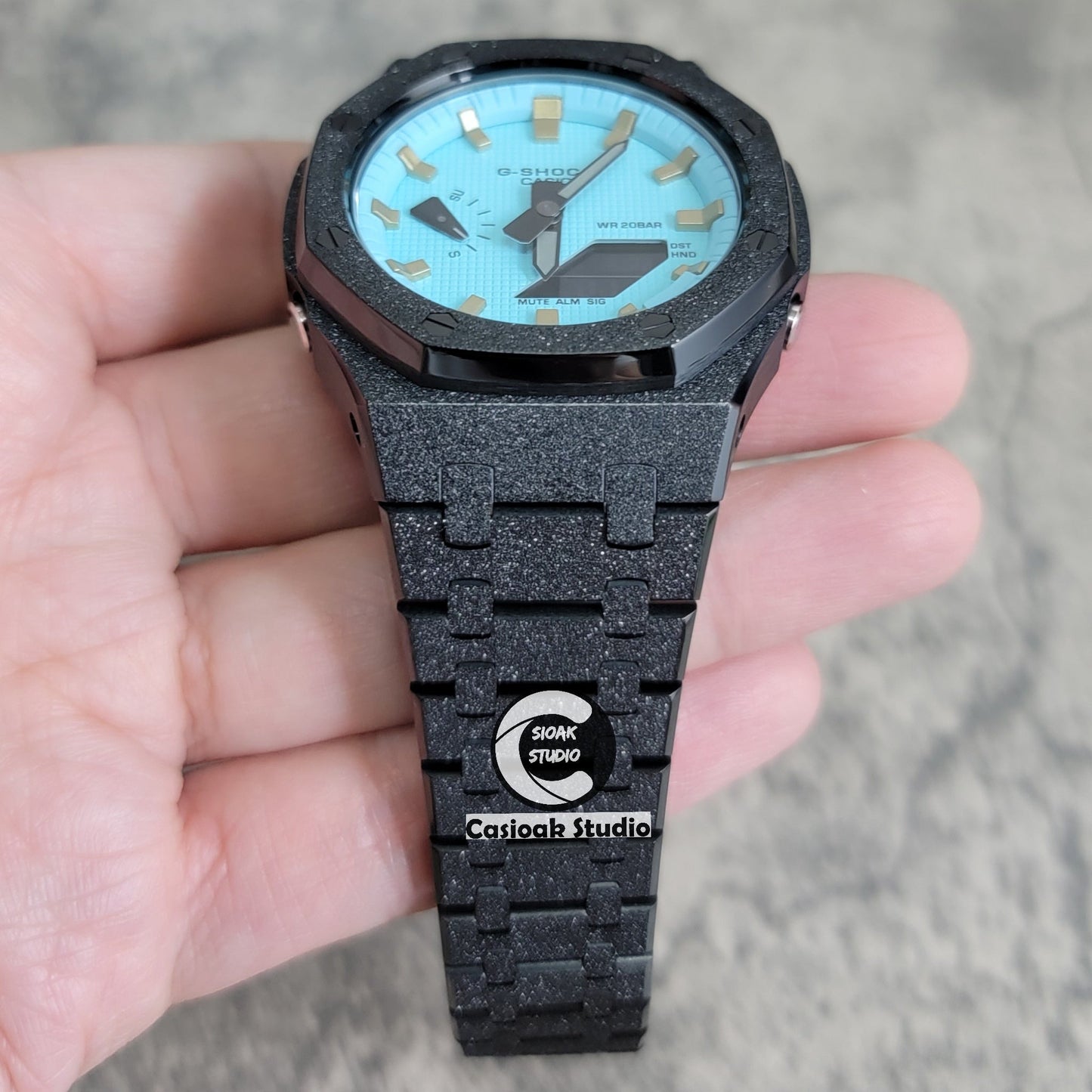 Casioak Mod Watch Frosted Black Case Metal Strap Tiff Gold Time Mark Tiff Blue Dial 44mm- Casioak Mod Casio G-Shock Royal Oak Custom Mens Luxury Watches Ga2100