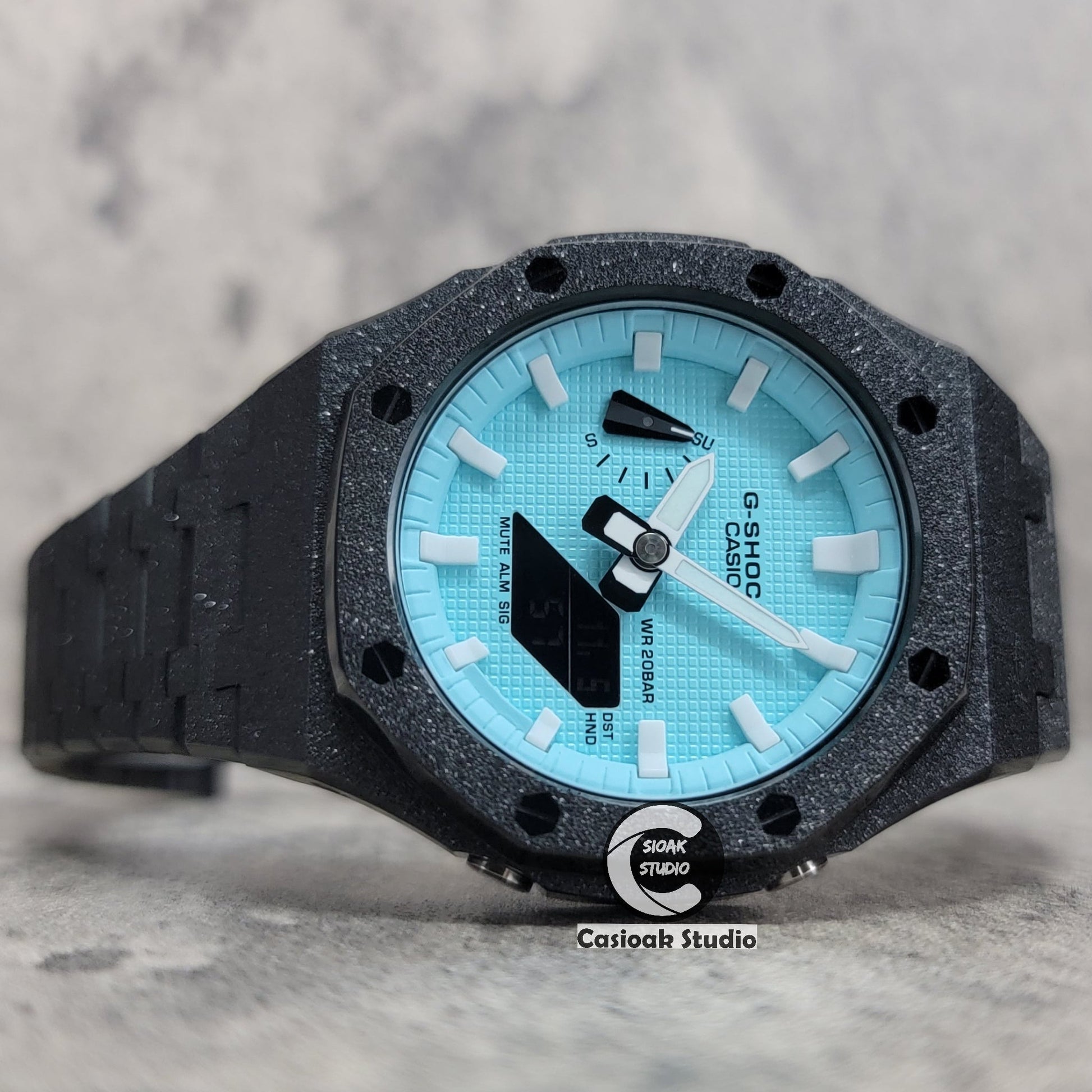 Casioak Mod Watch Frosted Black Case Metal Strap Tiff White Time Mark Tiff Blue Dial 44mm- Casioak Mod Casio G-Shock Royal Oak Custom Mens Luxury Watches Ga2100