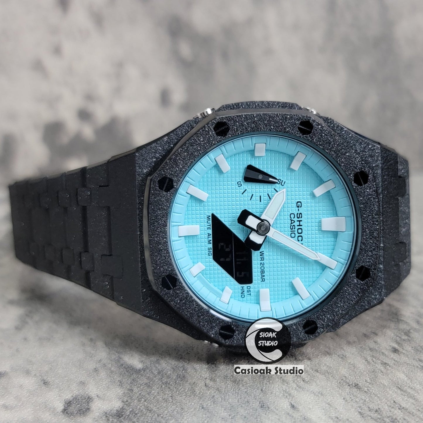 Casioak Mod Watch Frosted Black Case Metal Strap Tiff White Time Mark Tiff Blue Dial 44mm- Casioak Mod Casio G-Shock Royal Oak Custom Mens Luxury Watches Ga2100