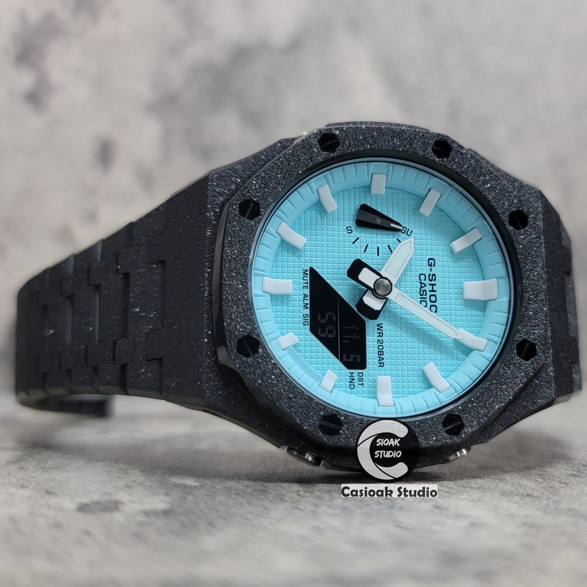 Casioak Mod Watch Frosted Black Case Metal Strap Tiff White Time Mark Tiff Blue Dial 44mm- Casioak Mod Casio G-Shock Royal Oak Custom Mens Luxury Watches Ga2100