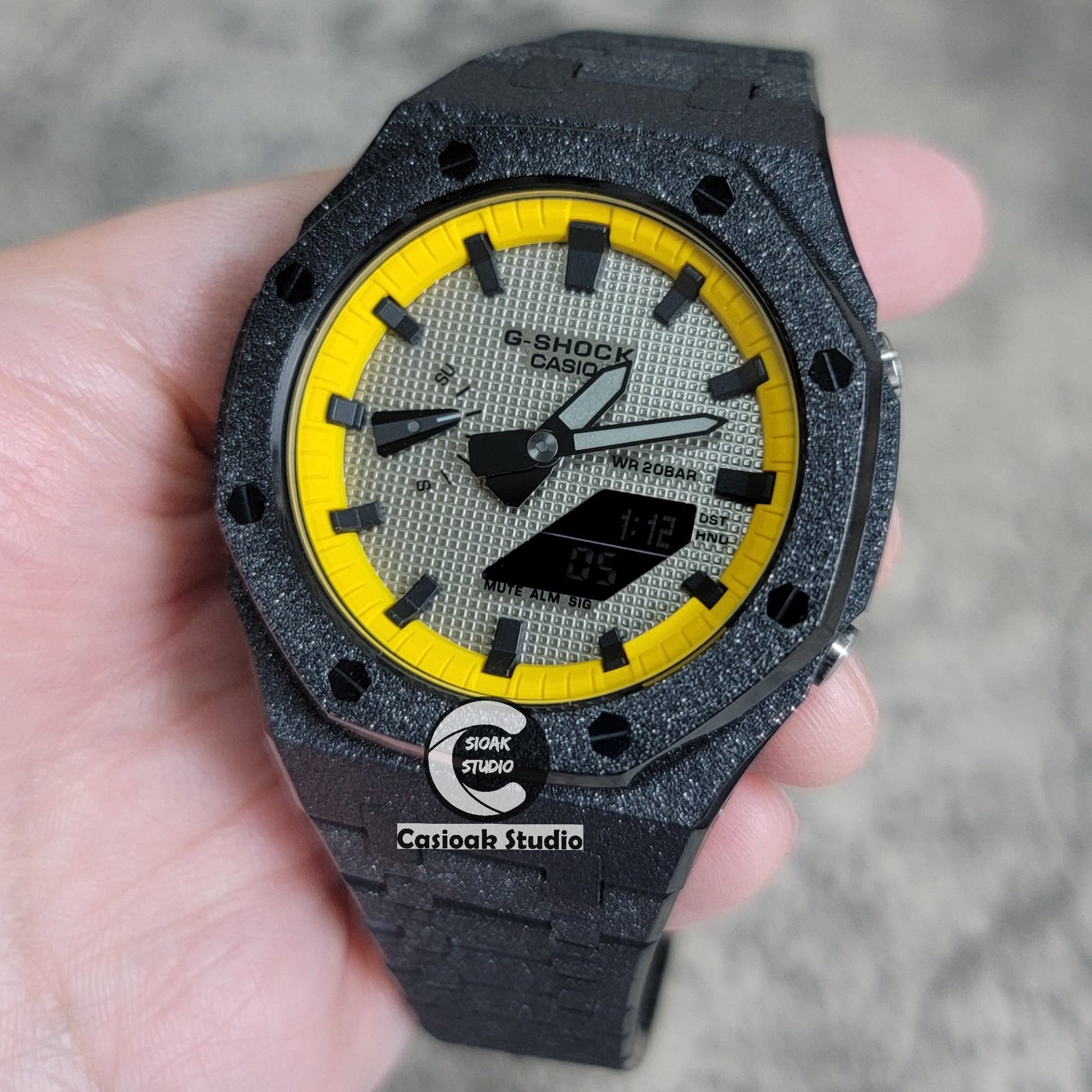 Casioak Mod Watch Frosted Black Case Metal Strap Yellow Black Time Mark Gray Dial 44mm- Casioak Mod Casio G-Shock Royal Oak Custom Mens Luxury Watches Ga2100