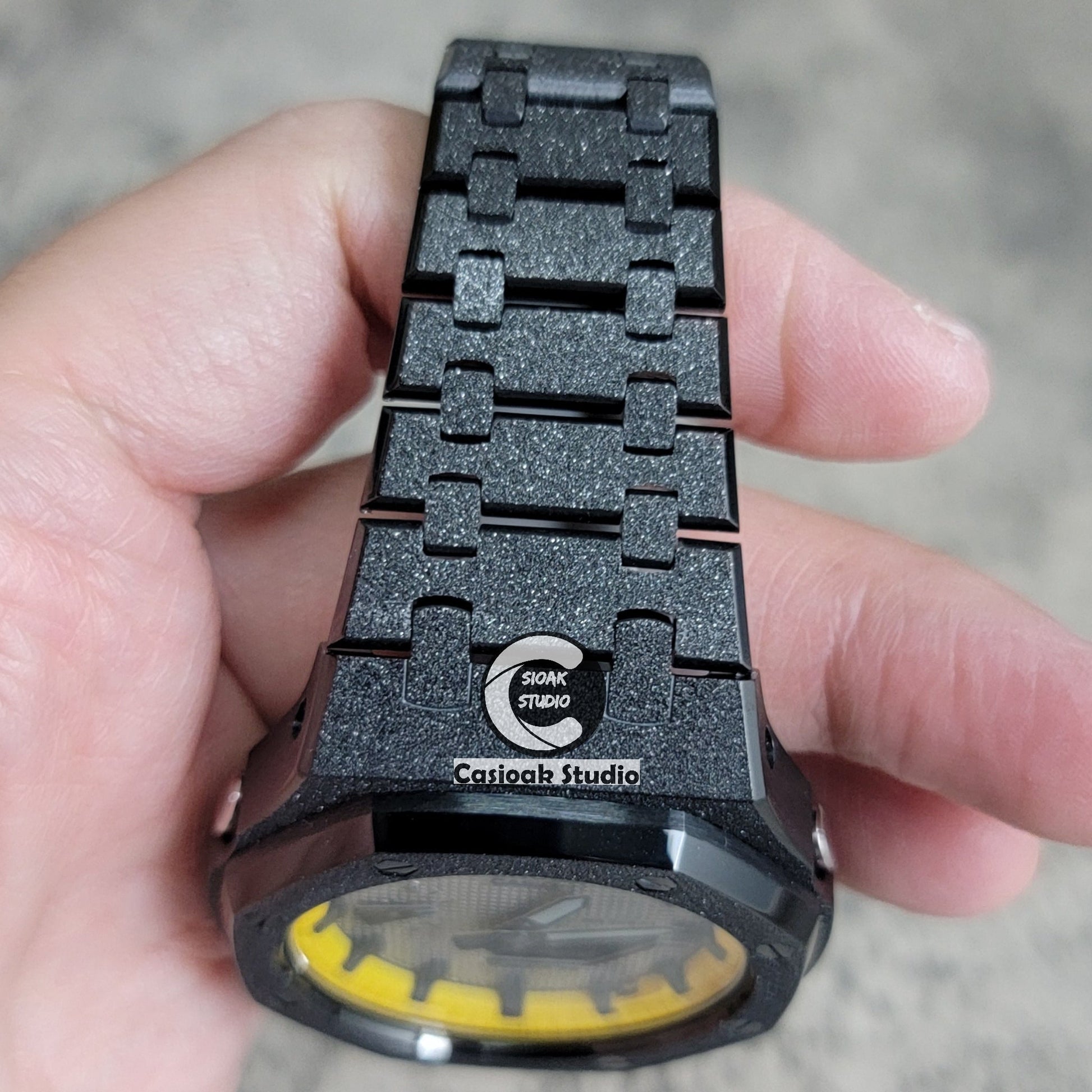 Casioak Mod Watch Frosted Black Case Metal Strap Yellow Black Time Mark Gray Dial 44mm- Casioak Mod Casio G-Shock Royal Oak Custom Mens Luxury Watches Ga2100