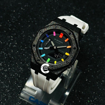 Casioak Mod Watch Frosted Black Case White Strap Black Rainbow Time Mark Black Dial 44mm- Casioak Mod Casio G-Shock Royal Oak Custom Mens Luxury Watches Ga2100