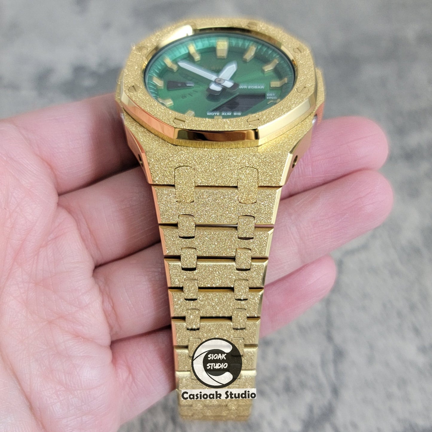 Casioak Mod Watch Frosted Glod Case Metal Strap Green Gold Time Mark Green Dial 44mm- Casioak Mod Casio G-Shock Royal Oak Custom Mens Luxury Watches Ga2100