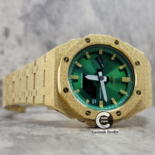 Casioak Mod Watch Frosted Glod Case Metal Strap Green Gold Time Mark Green Dial 44mm- Casioak Mod Casio G-Shock Royal Oak Custom Mens Luxury Watches Ga2100