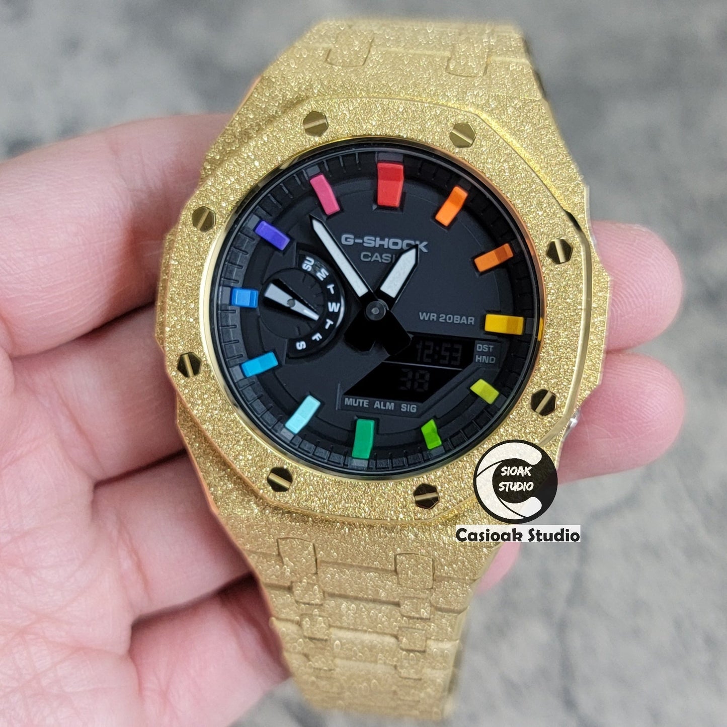 Casioak Mod Watch Frosted Gold Case Metal Strap Black Rainbow Time Mark Black Dial 44mm- Casioak Mod Casio G-Shock Royal Oak Custom Mens Luxury Watches Ga2100