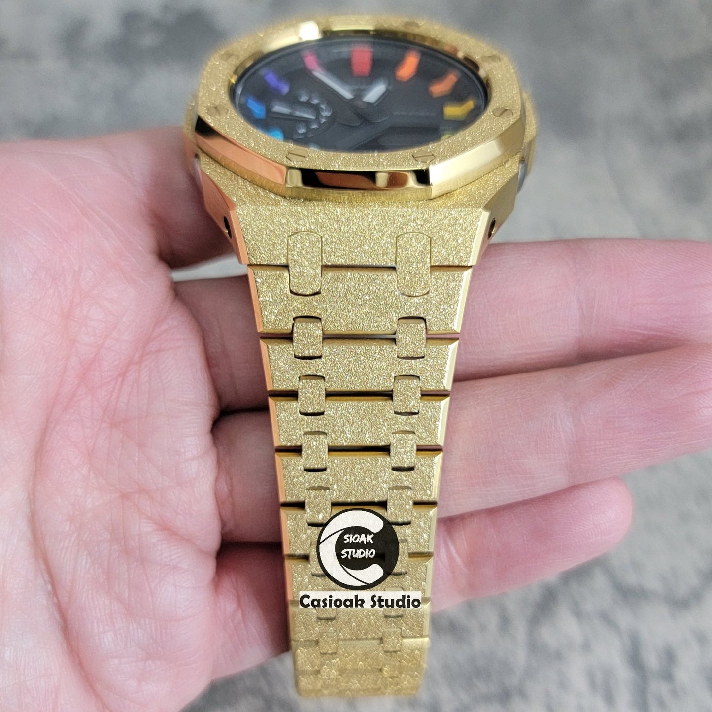 Casioak Mod Watch Frosted Gold Case Metal Strap Black Rainbow Time Mark Black Dial 44mm- Casioak Mod Casio G-Shock Royal Oak Custom Mens Luxury Watches Ga2100