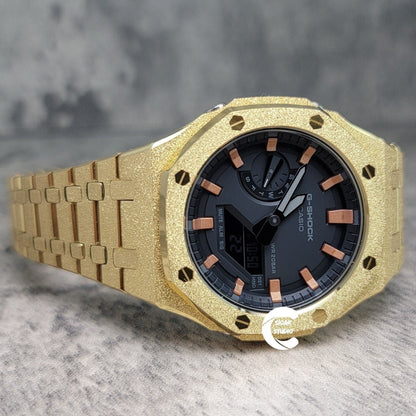 Casioak Mod Watch Frosted Gold Case Metal Strap Black Rose Gold Time Mark Black Dial 44mm- Casioak Mod Casio G-Shock Royal Oak Custom Mens Luxury Watches Ga2100