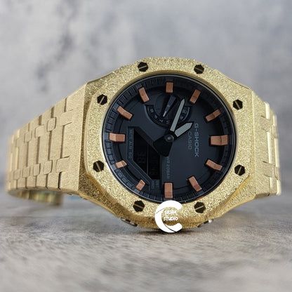 Casioak Mod Watch Frosted Gold Case Metal Strap Black Rose Gold Time Mark Black Dial 44mm- Casioak Mod Casio G-Shock Royal Oak Custom Mens Luxury Watches Ga2100