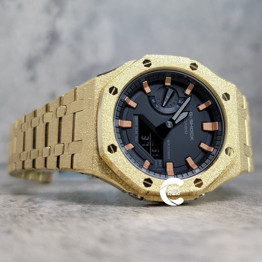 Casioak Mod Watch Frosted Gold Case Metal Strap Black Rose Gold Time Mark Black Dial 44mm- Casioak Mod Casio G-Shock Royal Oak Custom Mens Luxury Watches Ga2100