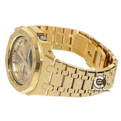 Casioak Mod Watch Frosted Gold Case Metal Strap Gold Time Mark Gold Dial 44mm- Casioak Mod Casio G-Shock Royal Oak Custom Mens Luxury Watches Ga2100