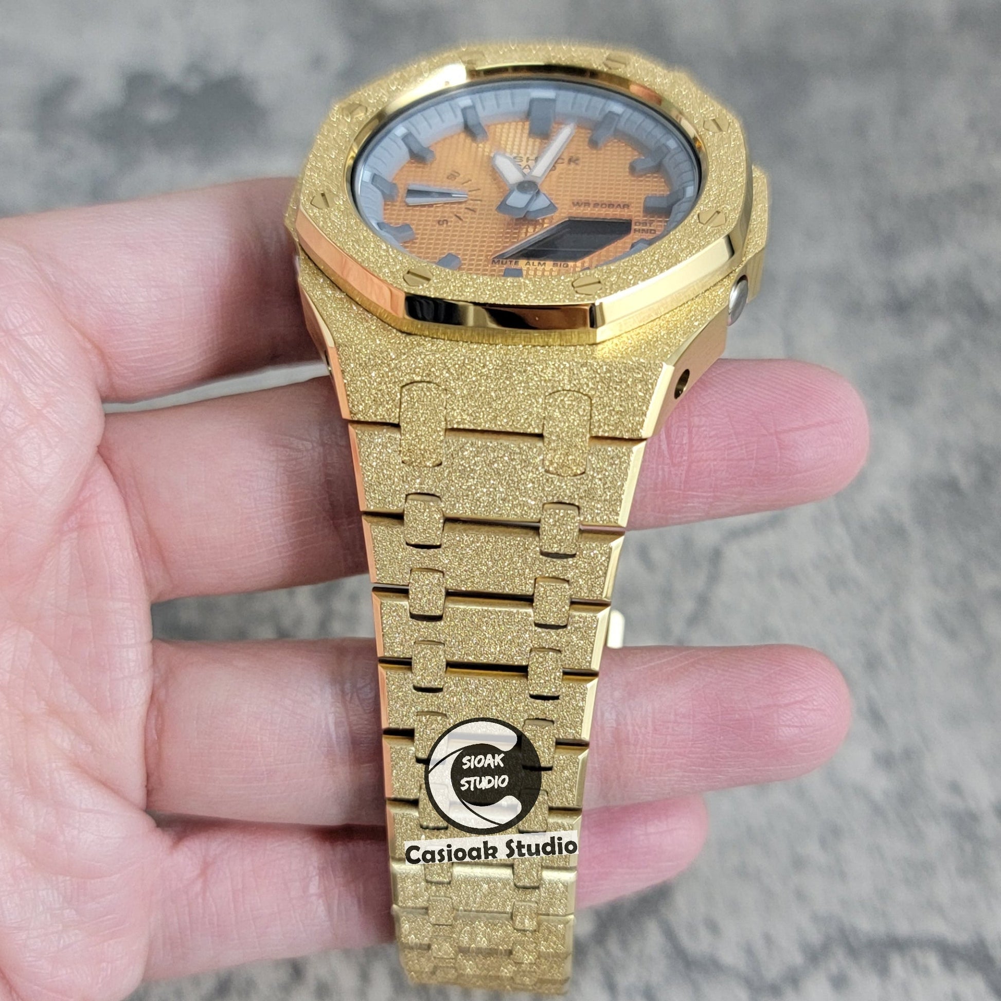 Casioak Mod Watch Frosted Gold Case Metal Strap Gray Time Mark Gold Waffle Dial 44mm- Casioak Mod Casio G-Shock Royal Oak Custom Mens Luxury Watches Ga2100