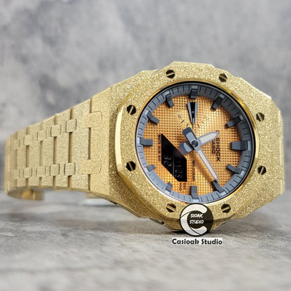 Casioak Mod Watch Frosted Gold Case Metal Strap Gray Time Mark Gold Waffle Dial 44mm- Casioak Mod Casio G-Shock Royal Oak Custom Mens Luxury Watches Ga2100