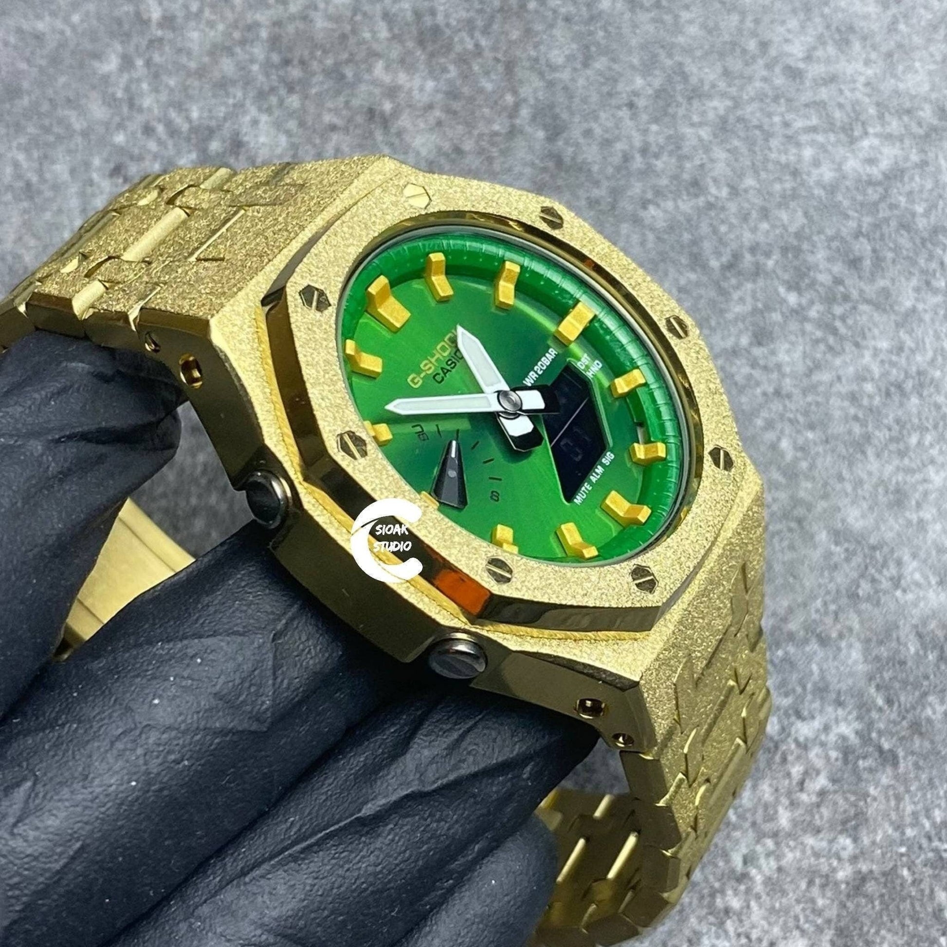 Casioak Mod Watch Frosted Gold Case Metal Strap Green Time Mark Green Dial 44mm- Casioak Mod Casio G-Shock Royal Oak Custom Mens Luxury Watches Ga2100