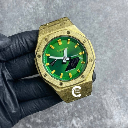 Casioak Mod Watch Frosted Gold Case Metal Strap Green Time Mark Green Dial 44mm- Casioak Mod Casio G-Shock Royal Oak Custom Mens Luxury Watches Ga2100