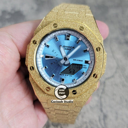 Casioak Mod Watch Frosted Gold Case Metal Strap Silver Time Mark Ice Blue Dial 44mm- Casioak Mod Casio G-Shock Royal Oak Custom Mens Luxury Watches Ga2100