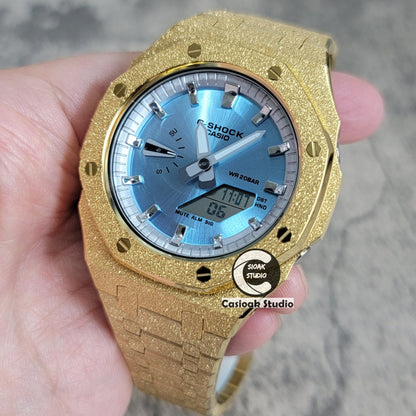 Casioak Mod Watch Frosted Gold Case Metal Strap Silver Time Mark Ice Blue Dial 44mm- Casioak Mod Casio G-Shock Royal Oak Custom Mens Luxury Watches Ga2100