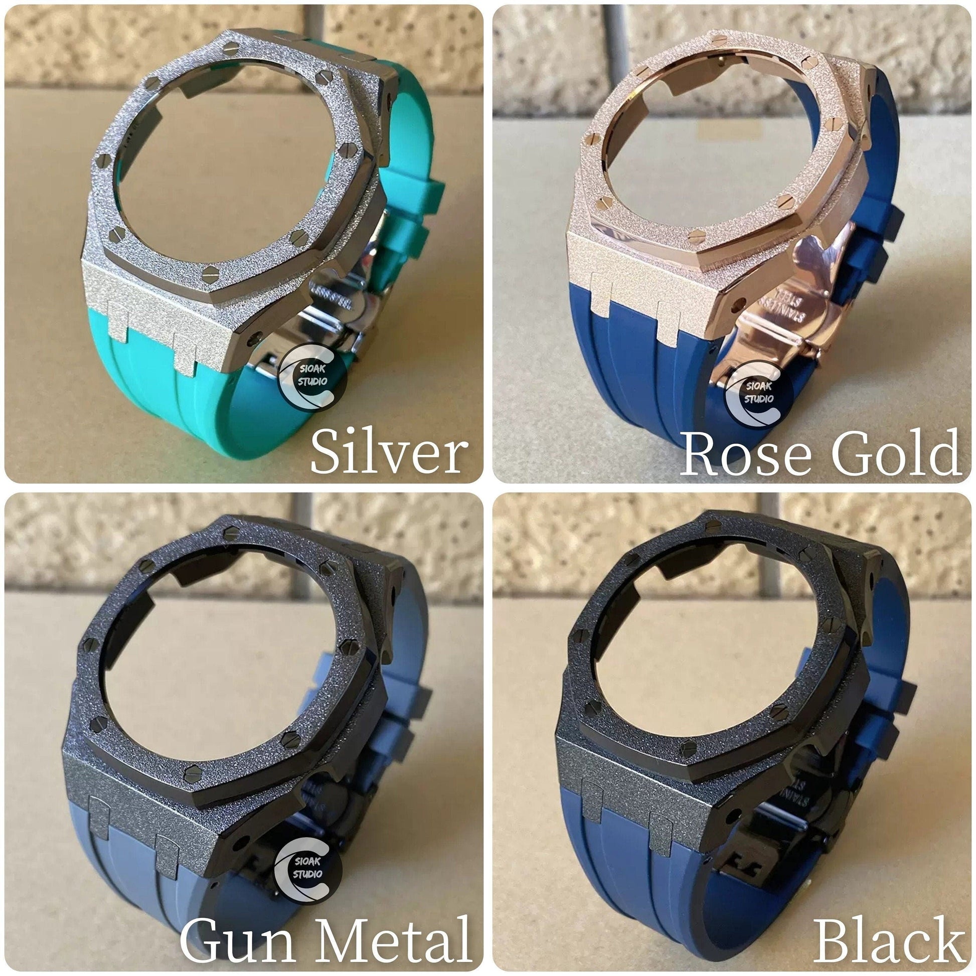 Casioak Mod Watch Frosted Rose Gold Case Green Strap Black White Time Mark Olive Dial 44mm  Men- Casioak Mod Casio G-Shock Royal Oak Custom Mens Luxury Watches Ga2100