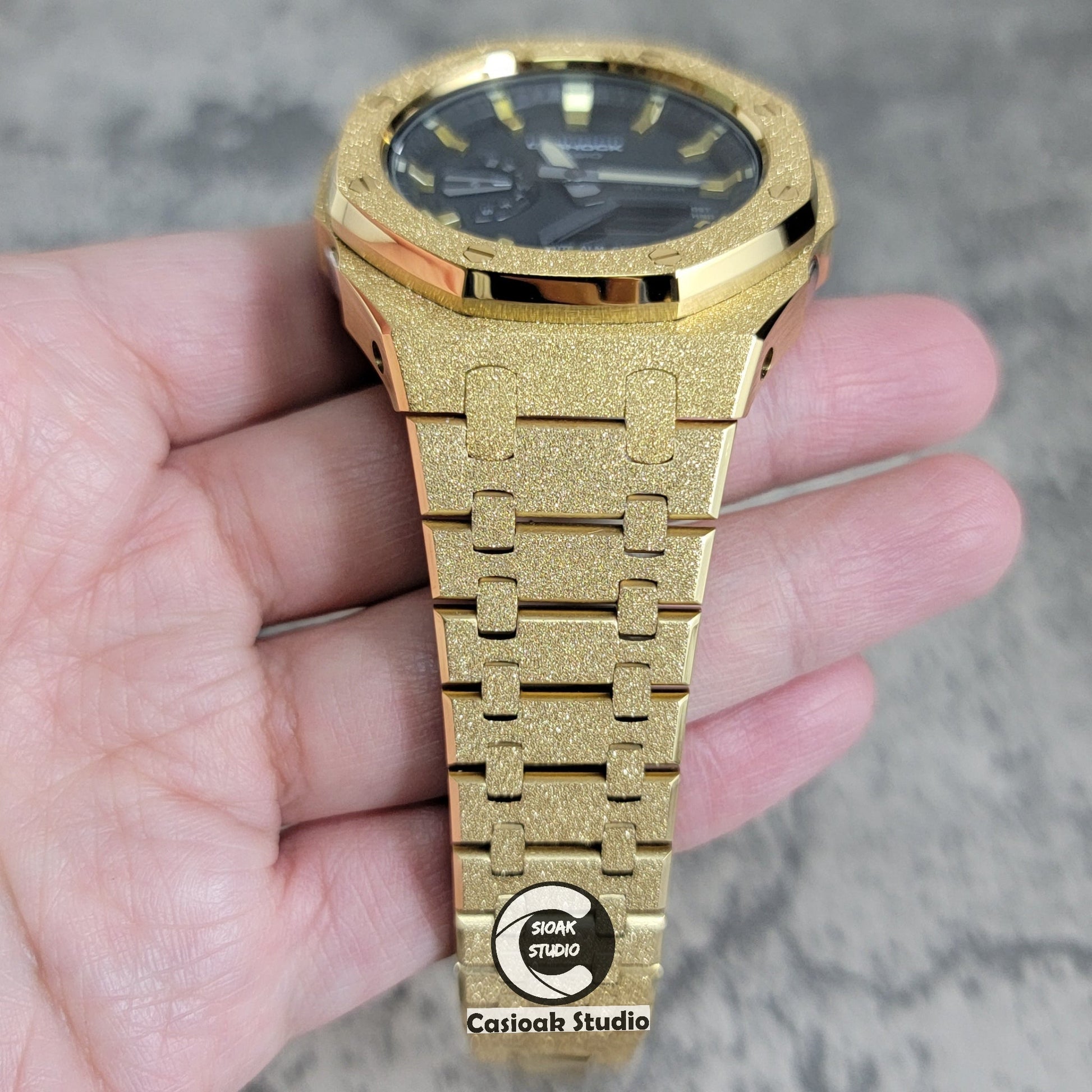 Casioak Mod Watch Frosted Rose Gold Case Metal Strap Black Gold Time Mark Black Dial 44mm- Casioak Mod Casio G-Shock Royal Oak Custom Mens Luxury Watches Ga2100