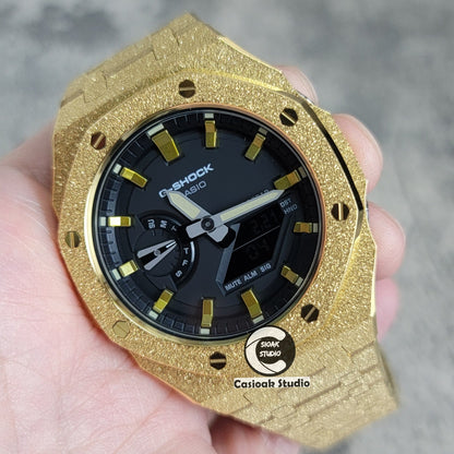 Casioak Mod Watch Frosted Rose Gold Case Metal Strap Black Gold Time Mark Black Dial 44mm- Casioak Mod Casio G-Shock Royal Oak Custom Mens Luxury Watches Ga2100