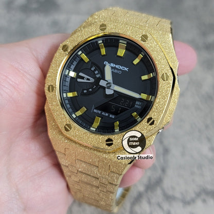 Casioak Mod Watch Frosted Rose Gold Case Metal Strap Black Gold Time Mark Black Dial 44mm- Casioak Mod Casio G-Shock Royal Oak Custom Mens Luxury Watches Ga2100