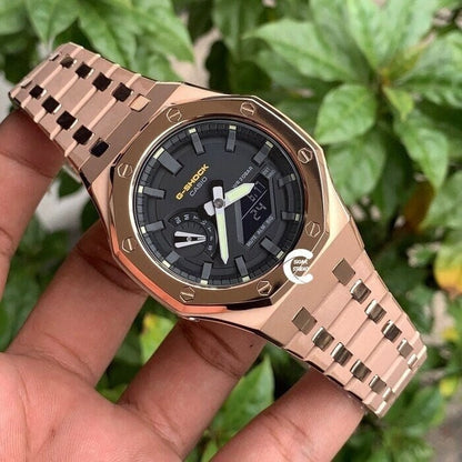 Casioak Mod Watch Frosted Rose Gold Case Metal Strap Black Gray Time Mark Black Dial 44mm- Casioak Mod Casio G-Shock Royal Oak Custom Mens Luxury Watches Ga2100