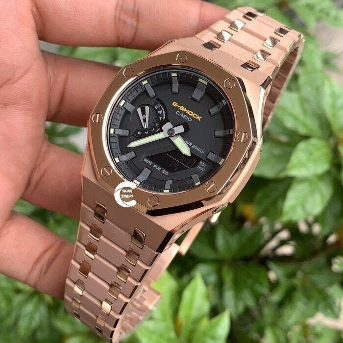 Casioak Mod Watch Frosted Rose Gold Case Metal Strap Black Gray Time Mark Black Dial 44mm- Casioak Mod Casio G-Shock Royal Oak Custom Mens Luxury Watches Ga2100