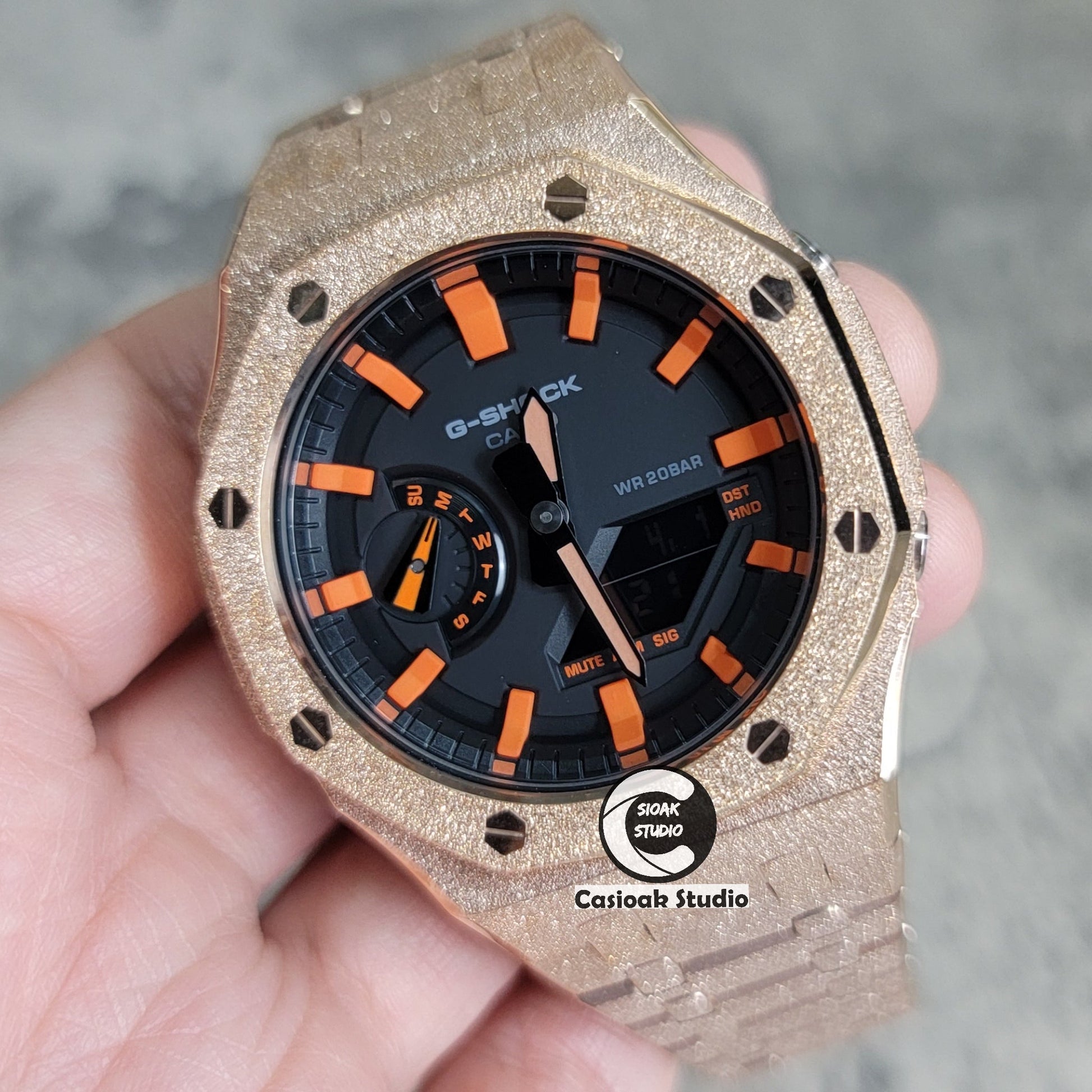 Casioak Mod Watch Frosted Rose Gold Case Metal Strap Black Orange Time Mark Black Dial 44mm- Casioak Mod Casio G-Shock Royal Oak Custom Mens Luxury Watches Ga2100