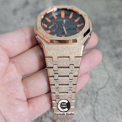 Casioak Mod Watch Frosted Rose Gold Case Metal Strap Black Orange Time Mark Black Dial 44mm- Casioak Mod Casio G-Shock Royal Oak Custom Mens Luxury Watches Ga2100