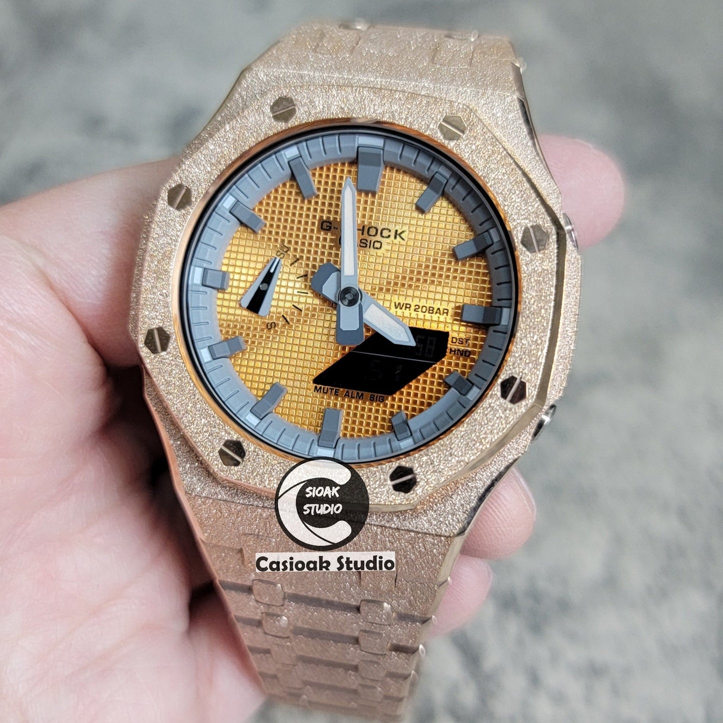 Casioak Mod Watch Frosted Rose Gold Case Metal Strap Gray Time Mark Gold Waffle Dial 44mm- Casioak Mod Casio G-Shock Royal Oak Custom Mens Luxury Watches Ga2100