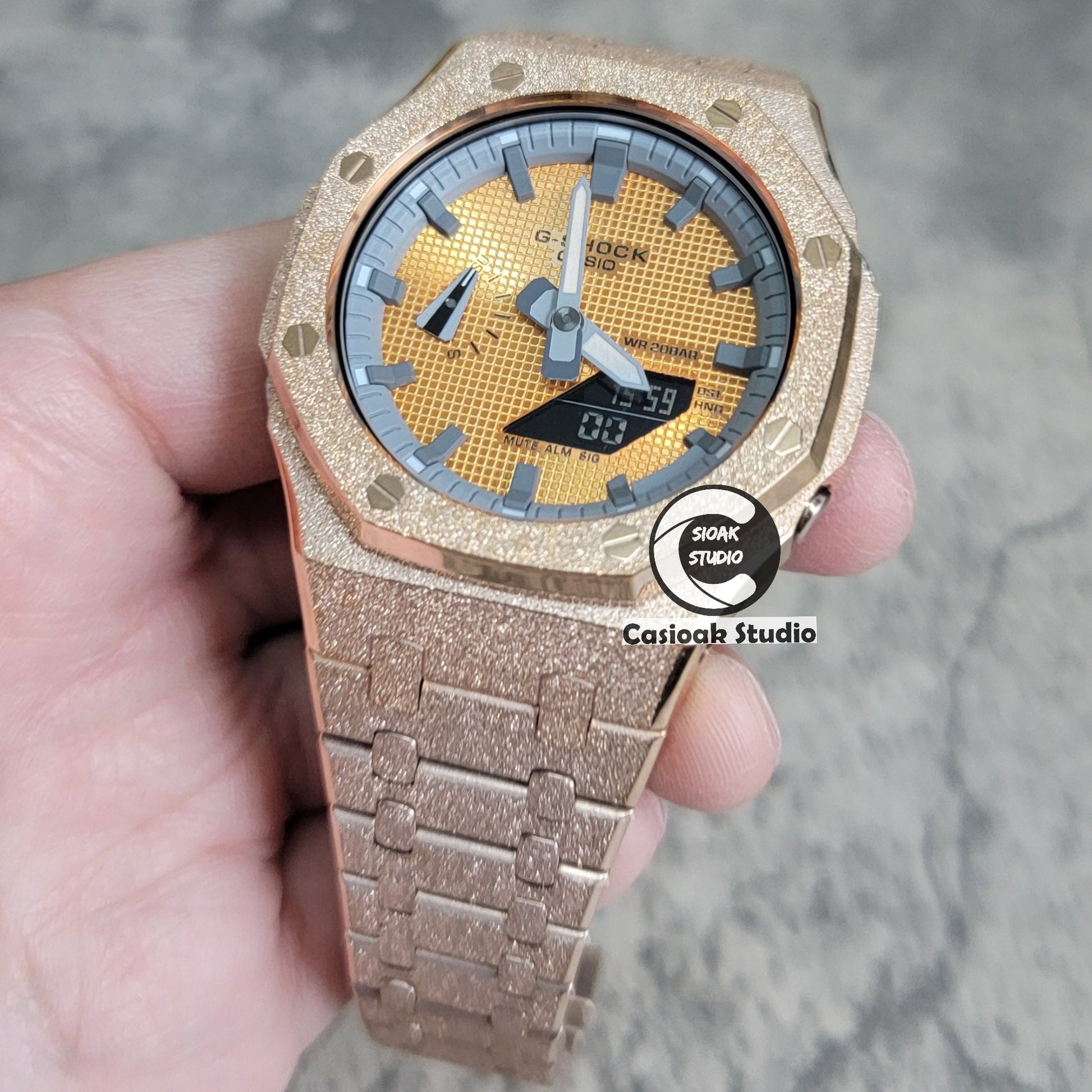 Casioak Mod Watch Frosted Rose Gold Case Metal Strap Gray Time Mark Gold Waffle Dial 44mm- Casioak Mod Casio G-Shock Royal Oak Custom Mens Luxury Watches Ga2100