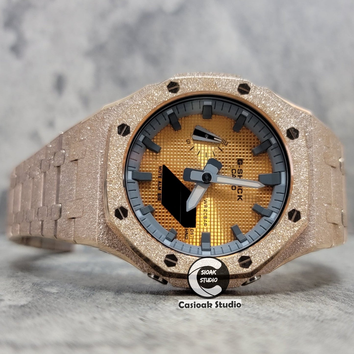 Casioak Mod Watch Frosted Rose Gold Case Metal Strap Gray Time Mark Gold Waffle Dial 44mm- Casioak Mod Casio G-Shock Royal Oak Custom Mens Luxury Watches Ga2100