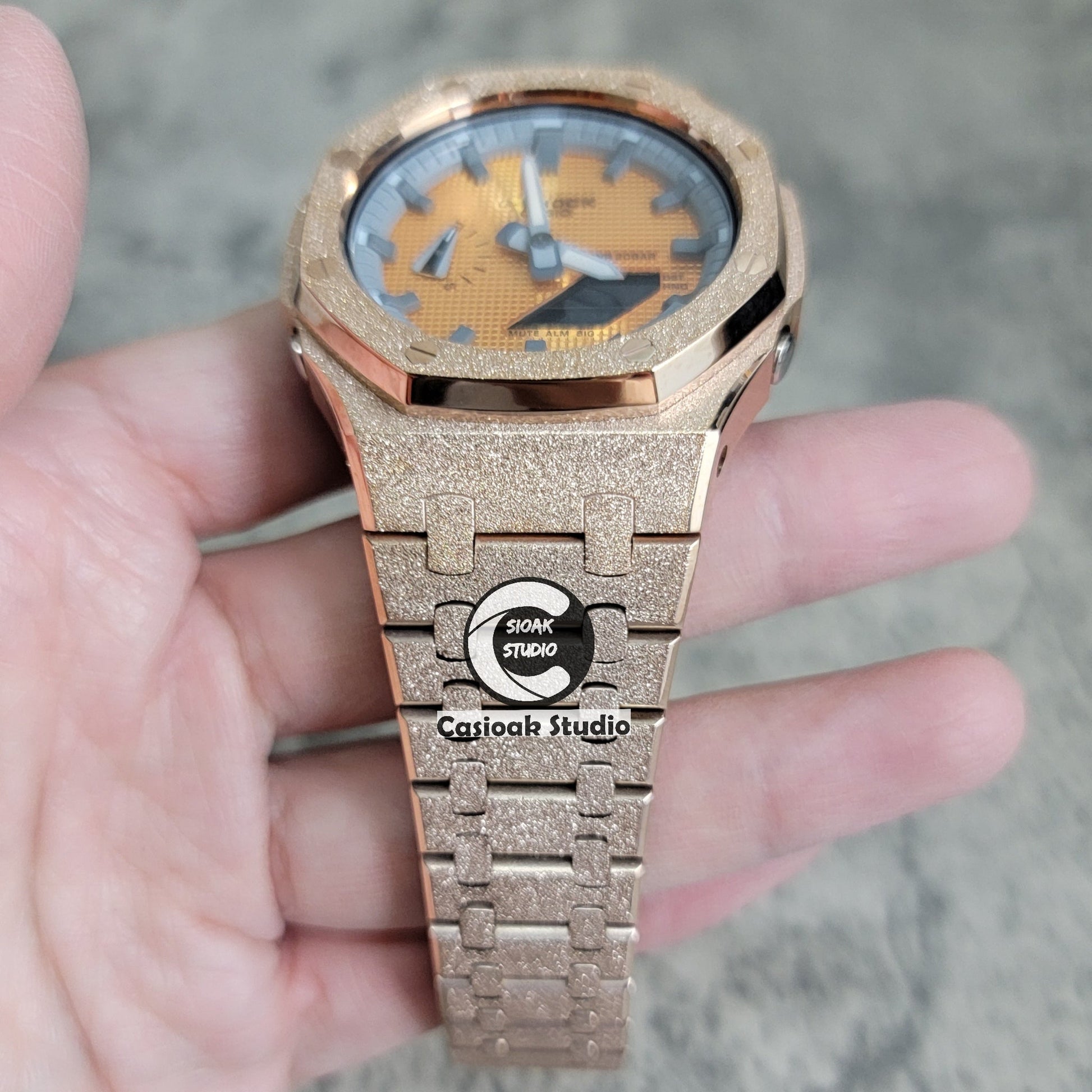 Casioak Mod Watch Frosted Rose Gold Case Metal Strap Gray Time Mark Gold Waffle Dial 44mm- Casioak Mod Casio G-Shock Royal Oak Custom Mens Luxury Watches Ga2100