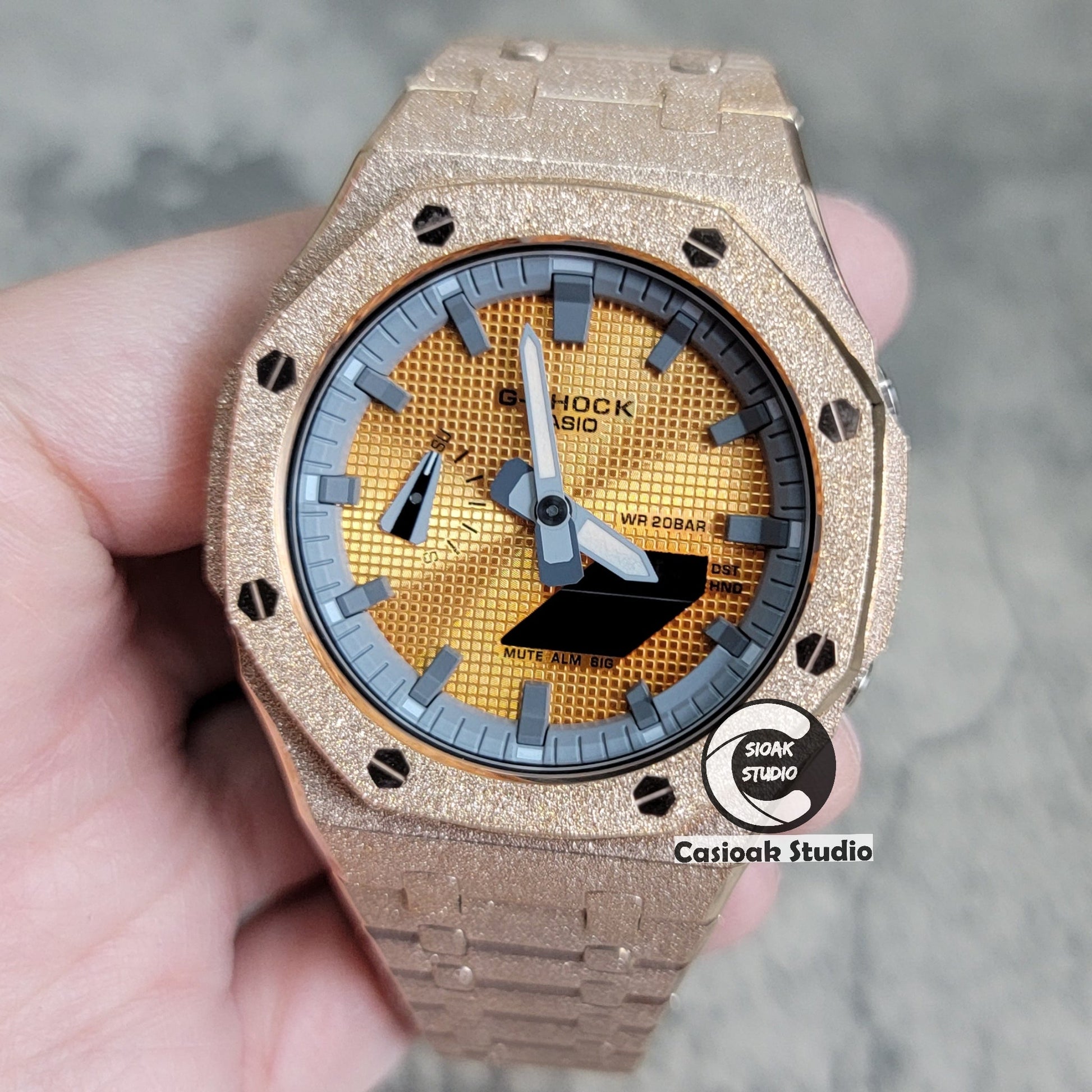 Casioak Mod Watch Frosted Rose Gold Case Metal Strap Gray Time Mark Gold Waffle Dial 44mm- Casioak Mod Casio G-Shock Royal Oak Custom Mens Luxury Watches Ga2100