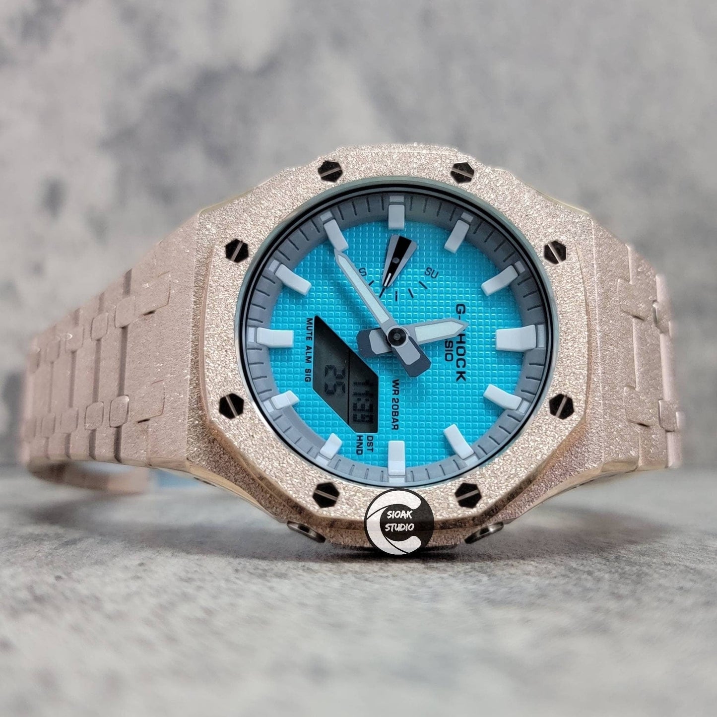 Casioak Mod Watch Frosted Rose Gold Case Metal Strap Light Gray White Time Mark Tiff Blue Dial 44mm- Casioak Mod Casio G-Shock Royal Oak Custom Mens Luxury Watches Ga2100