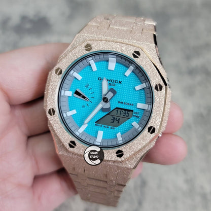 Casioak Mod Watch Frosted Rose Gold Case Metal Strap Light Gray White Time Mark Tiff Blue Dial 44mm- Casioak Mod Casio G-Shock Royal Oak Custom Mens Luxury Watches Ga2100