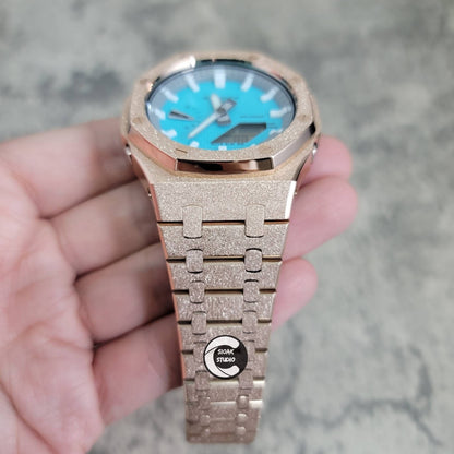 Casioak Mod Watch Frosted Rose Gold Case Metal Strap Light Gray White Time Mark Tiff Blue Dial 44mm- Casioak Mod Casio G-Shock Royal Oak Custom Mens Luxury Watches Ga2100