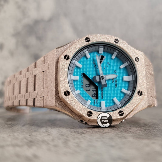 Casioak Mod Watch Frosted Rose Gold Case Metal Strap Light Gray White Time Mark Tiff Blue Dial 44mm- Casioak Mod Casio G-Shock Royal Oak Custom Mens Luxury Watches Ga2100