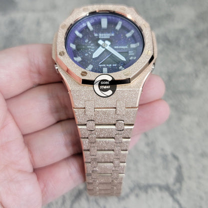 Casioak Mod Watch Frosted Rose Gold Case Metal Strap Purple Silver Time Mark Purple Dial 44mm- Casioak Mod Casio G-Shock Royal Oak Custom Mens Luxury Watches Ga2100