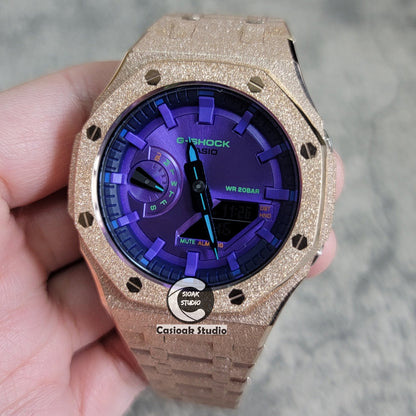 Casioak Mod Watch Frosted Rose Gold Case Metal Strap Purple Time Mark Purple Dial 44mm- Casioak Mod Casio G-Shock Royal Oak Custom Mens Luxury Watches Ga2100