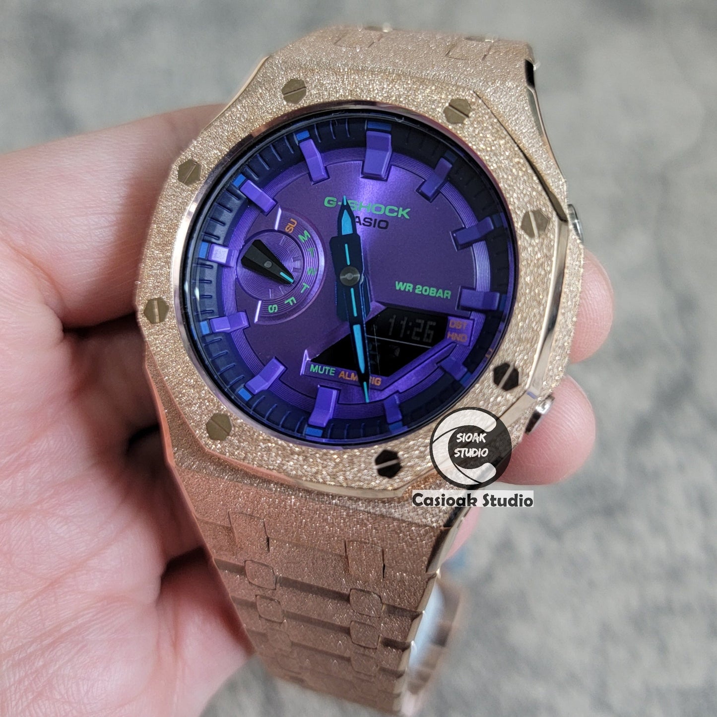 Casioak Mod Watch Frosted Rose Gold Case Metal Strap Purple Time Mark Purple Dial 44mm- Casioak Mod Casio G-Shock Royal Oak Custom Mens Luxury Watches Ga2100