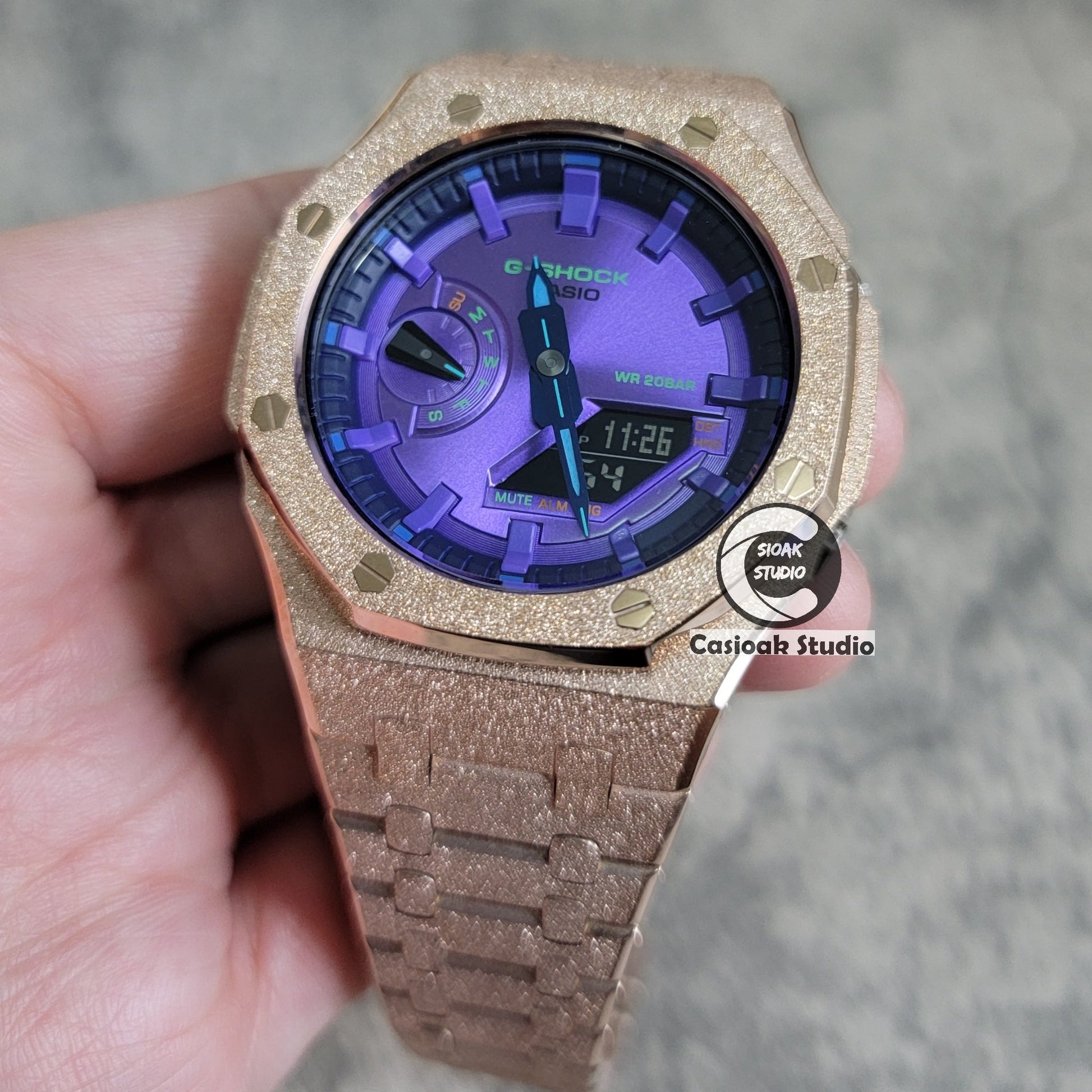 Casioak Mod Watch Frosted Rose Gold Case Metal Strap Purple Time Mark Purple Dial 44mm- Casioak Mod Casio G-Shock Royal Oak Custom Mens Luxury Watches Ga2100