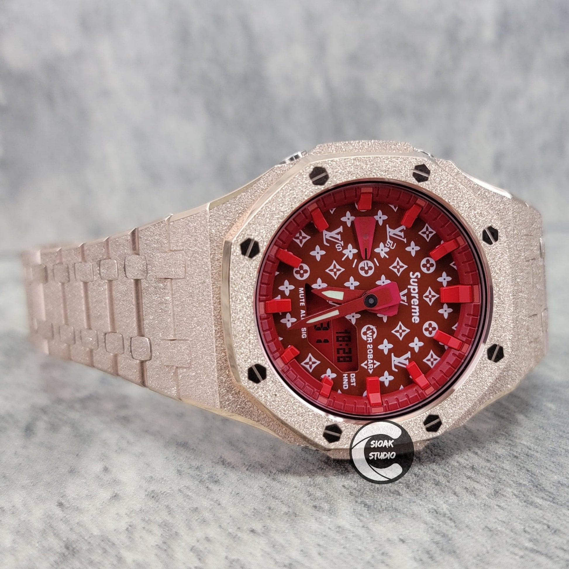 Casioak Mod Watch Frosted Rose Gold Case Metal Strap Red Time Mark Red Dial 44mm- Casioak Mod Casio G-Shock Royal Oak Custom Mens Luxury Watches Ga2100