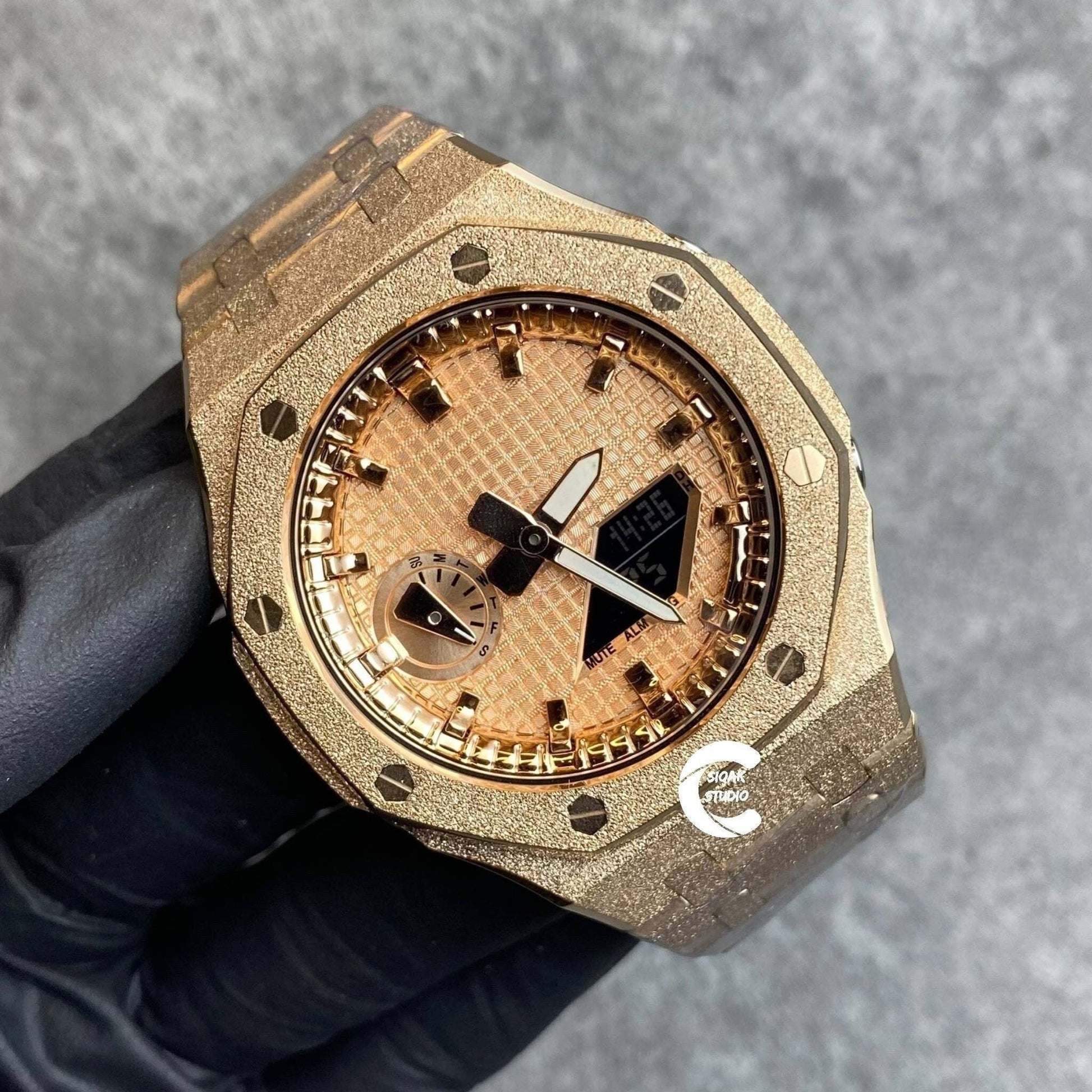 Casioak Mod Watch Frosted Rose Gold Case Metal Strap Rose Gold Time Mark Gold Dial 44mm- Casioak Mod Casio G-Shock Royal Oak Custom Mens Luxury Watches Ga2100