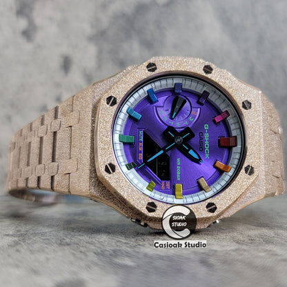 Casioak Mod Watch Frosted Rose Gold Case Metal Strap Silver Metallic Rainbow Time Mark Purple Dial 44mm- Casioak Mod Casio G-Shock Royal Oak Custom Mens Luxury Watches Ga2100