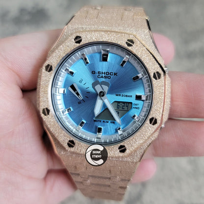 Casioak Mod Watch Frosted Rose Gold Case Metal Strap Silver Time Mark Ice Blue Dial 44mm- Casioak Mod Casio G-Shock Royal Oak Custom Mens Luxury Watches Ga2100