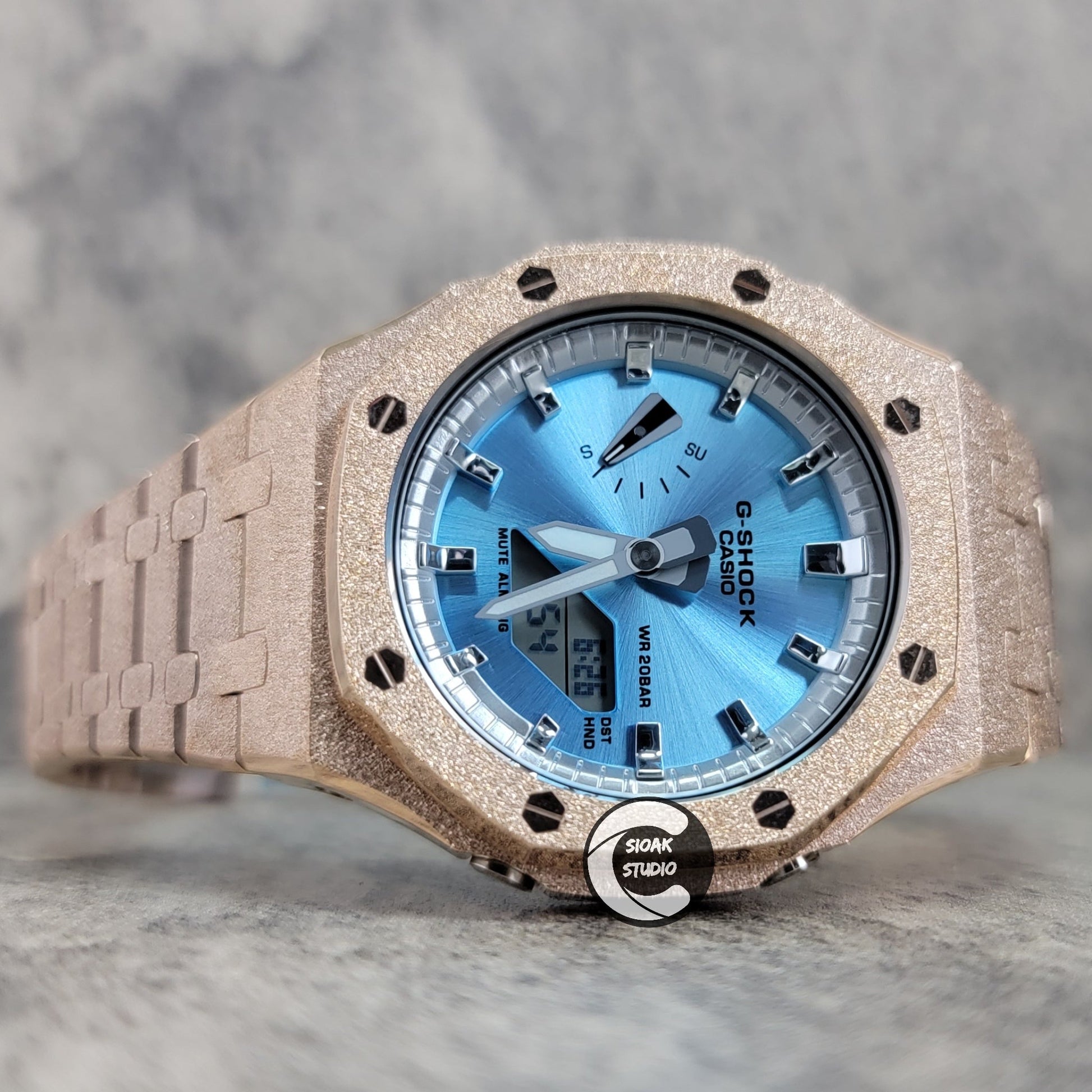 Casioak Mod Watch Frosted Rose Gold Case Metal Strap Silver Time Mark Ice Blue Dial 44mm- Casioak Mod Casio G-Shock Royal Oak Custom Mens Luxury Watches Ga2100